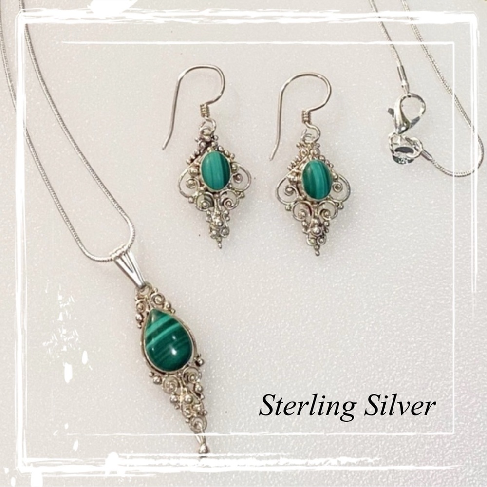Malachite Filigree Mexico Sterling Silver Dangling Earrings & Pendant Vintage